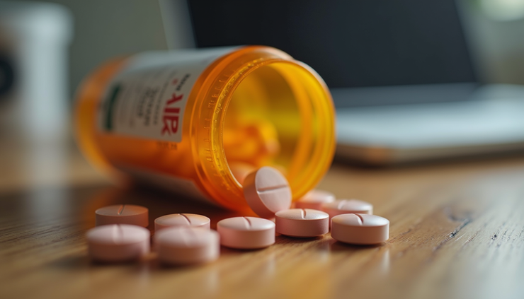 Close-up view of a prescription pill bottle with Adderall XR capsules spilling out on a wooden desk