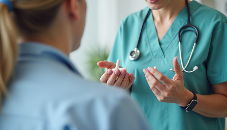 Close-up view of a healthcare professional explaining ADHD medication options to a patient
