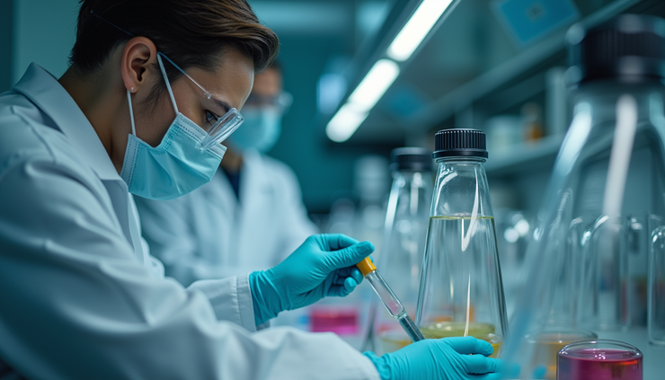 Close-up view of a researcher preparing psychedelic compounds in a laboratory