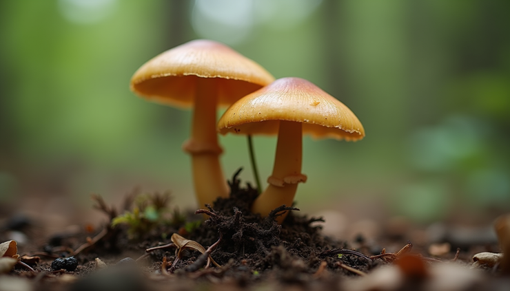 Close-up view of Psilocybe cubensis mushroom growing on natural substrate