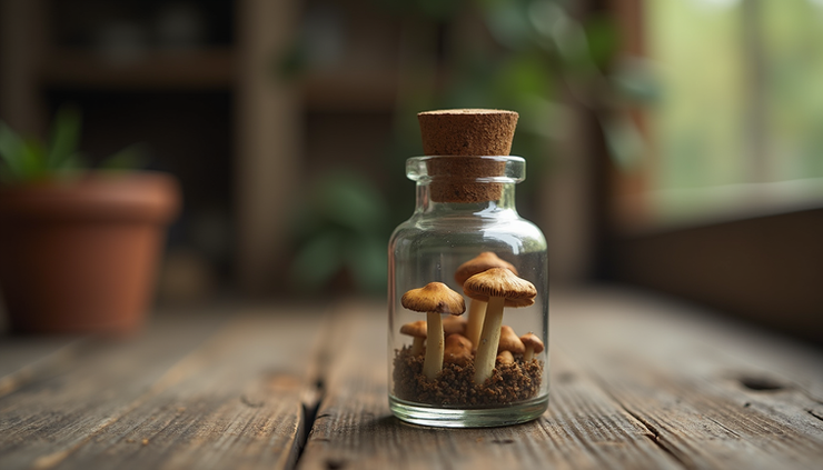 Eye-level view of a small vial containing psychedelic mushrooms on a wooden table