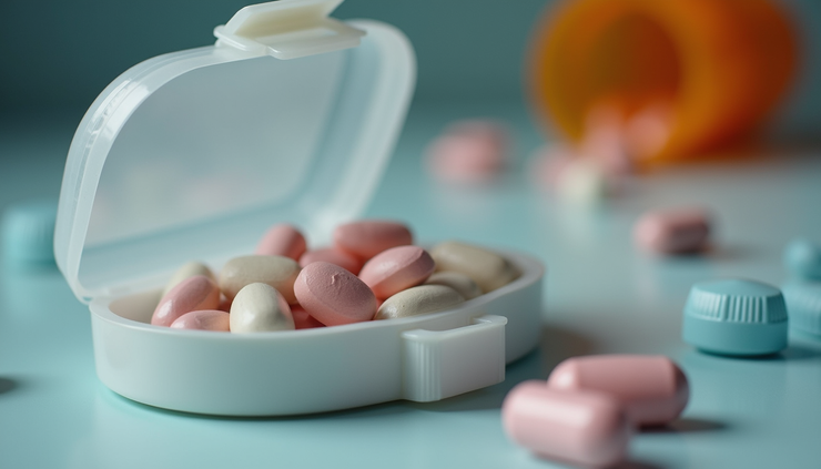 Eye-level view of a medication organizer with Adderall XR and other ADHD treatment tools