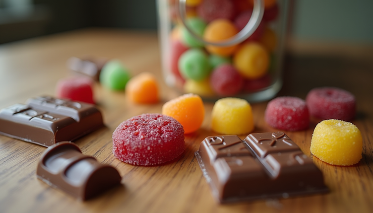Eye-level view of a variety of psilocybin-infused edible products arranged on a wooden table