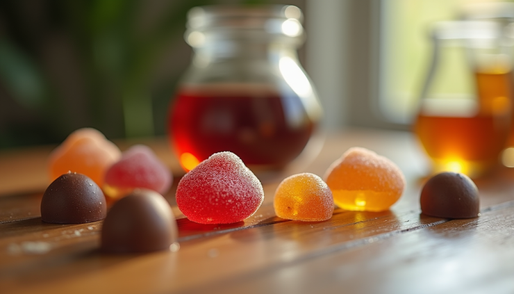 Eye-level view of various mushroom products including gummies, chocolates, and syrups arranged on a wooden table