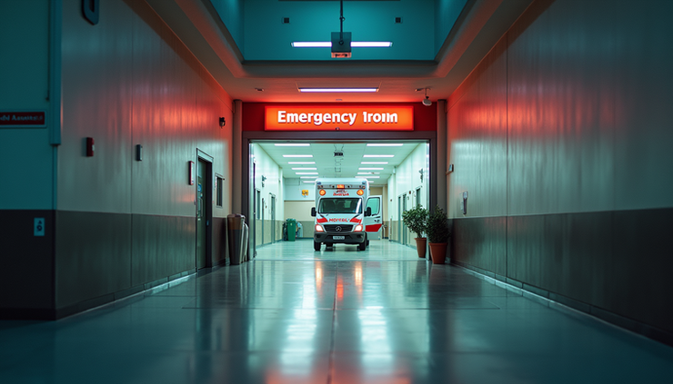 Eye-level view of hospital emergency room entrance with ambulance parked outside