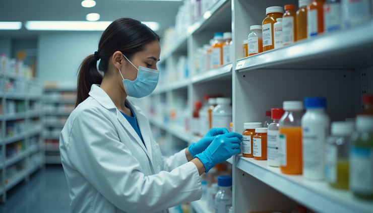 Eye-level view of a pharmacist organizing medication bottles on shelves