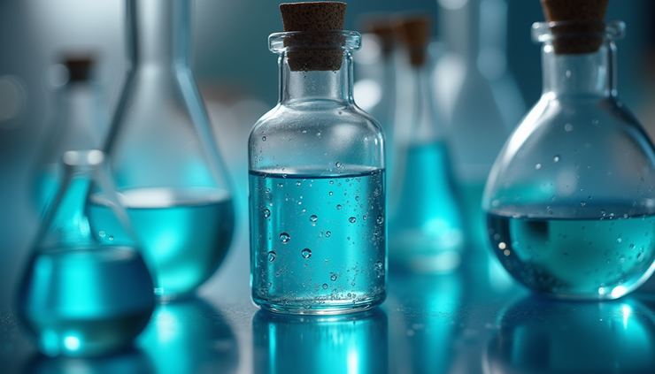 Close-up view of a laboratory vial containing a clear liquid used in psychedelic research