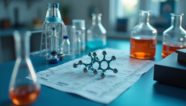 High angle view of a laboratory setup with MDMA chemical structure models and research equipment