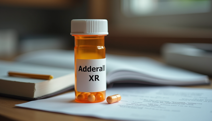 Close-up view of a prescription bottle labeled Adderall XR on a study desk with textbooks
