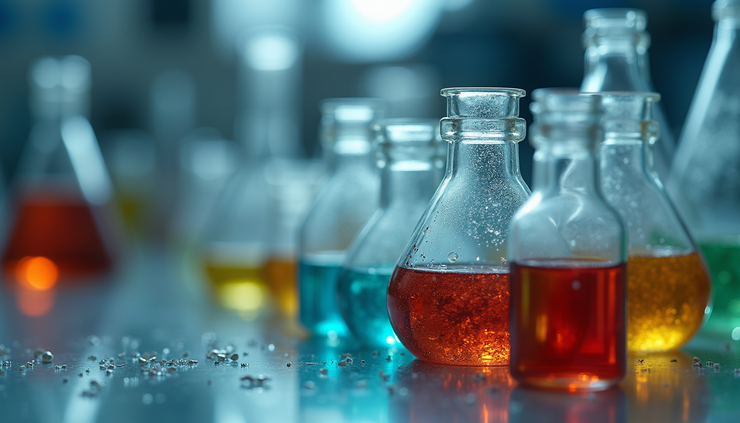 Eye-level view of a laboratory setup with psychedelic compounds in glass containers