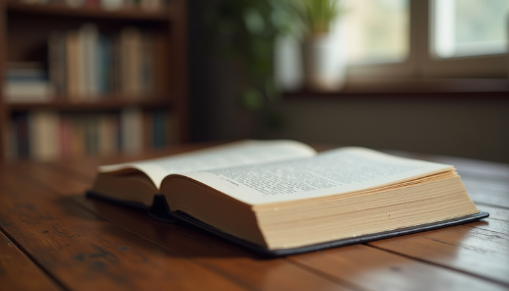 Eye-level view of a closed law book on a wooden table