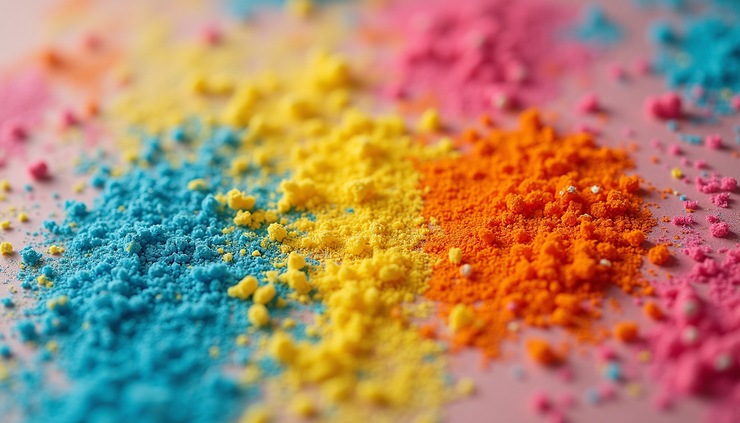 Eye-level view of colorful LSD blotter art on a flat surface