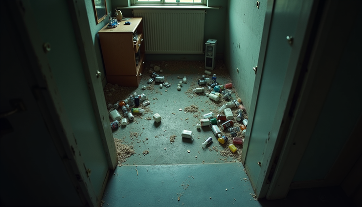 High angle view of a cluttered room with scattered drug paraphernalia and empty bottles