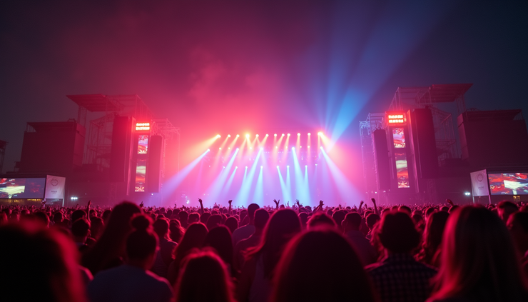 Eye-level view of a colorful festival stage with vibrant lights and a crowd in the background