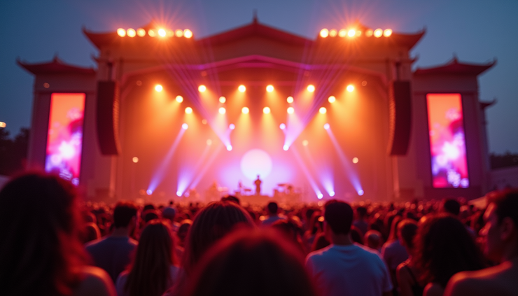 Eye-level view of a colorful stage setup at a U.S. music festival during sunset
