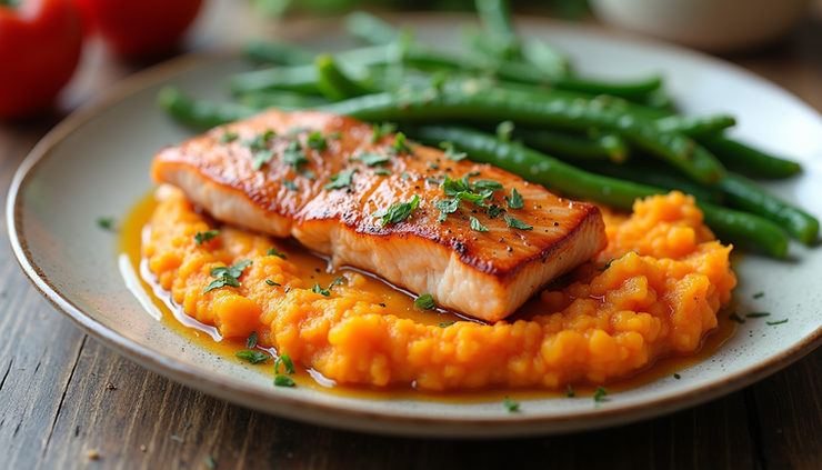 High angle view of a neatly arranged plate with grilled salmon, sweet potato mash, and steamed green beans
