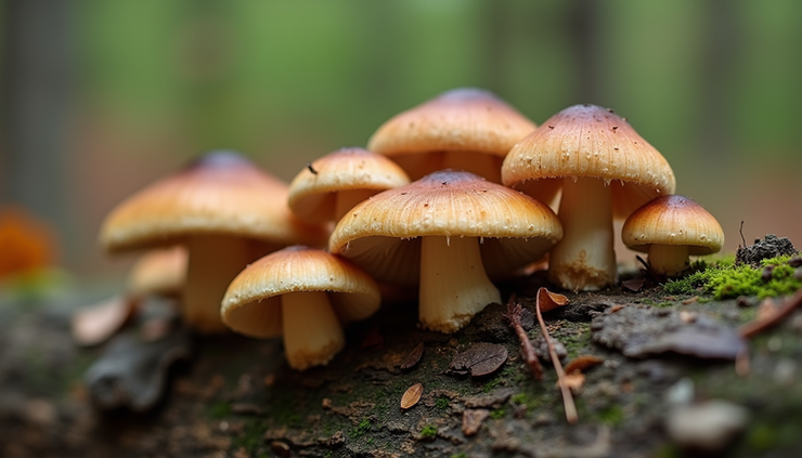 Eye-level view of shiitake mushrooms growing on inoculated hardwood logs