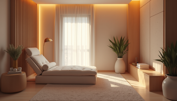 High angle view of a clinical therapy room with calming decor and a comfortable chair