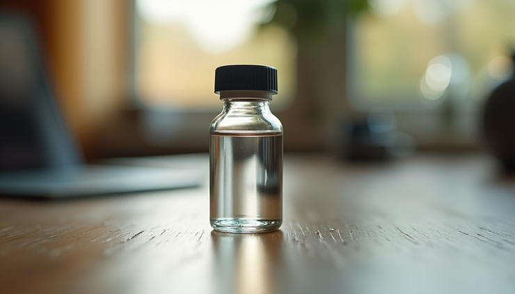 Close-up view of a small vial containing liquid LSD on a wooden surface