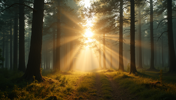Eye-level view of a peaceful natural setting with sunlight filtering through trees