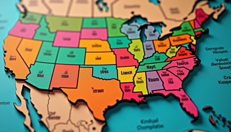 High angle view of a map of the United States highlighting states with psychedelic decriminalization laws