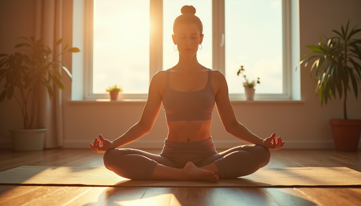 Close-up view of a person doing yoga on a mat in a sunlit room
