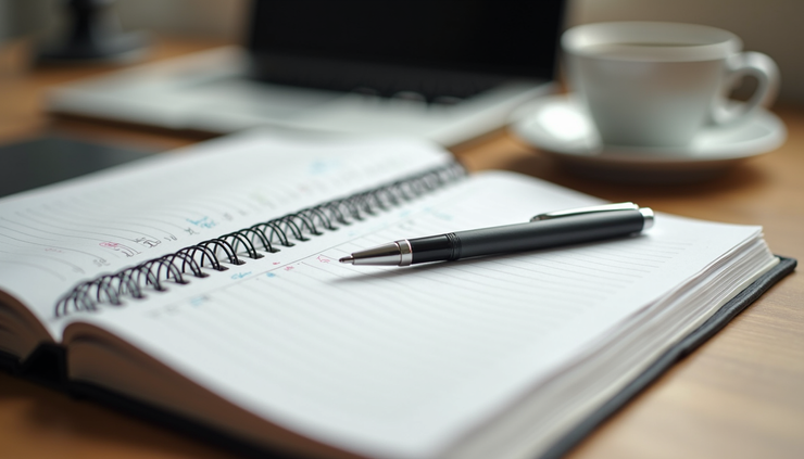 Close-up view of a daily planner with notes and a pen on a desk