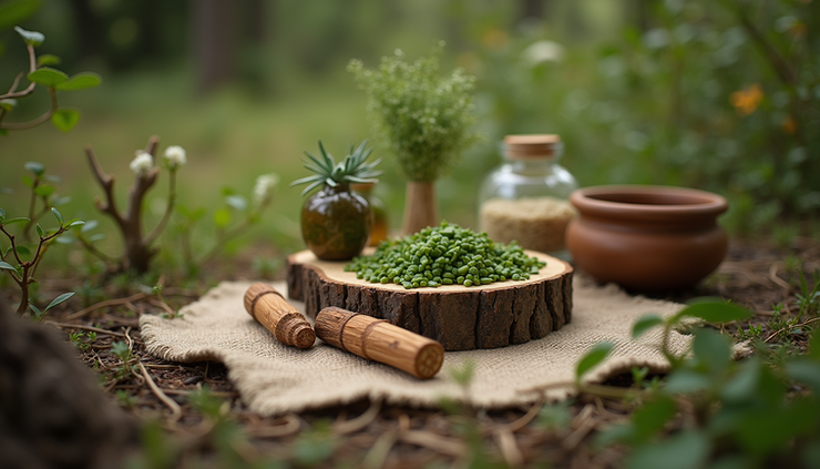 Close-up view of a natural setting with a ceremonial setup for a psychedelic session