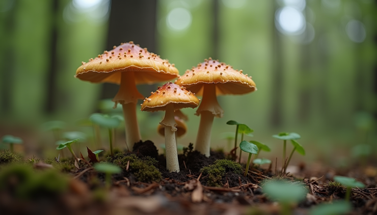 Eye-level view of a cluster of rare magic mushrooms with vibrant caps in a forest setting
