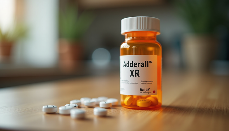 Eye-level view of a prescription bottle labeled Adderall XR on a wooden table