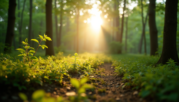 Eye-level view of a serene natural setting with soft sunlight filtering through trees