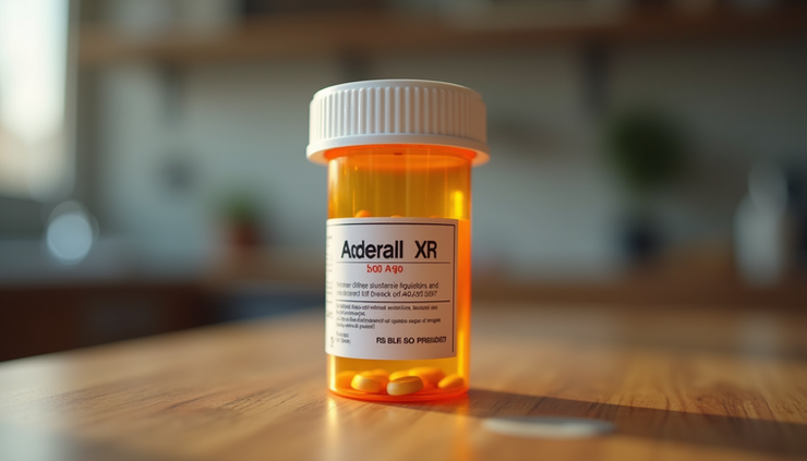 Eye-level view of a prescription bottle labeled Adderall XR on a wooden table
