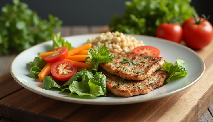 Eye-level view of a colorful plate with balanced portions of vegetables, lean protein, and whole grains