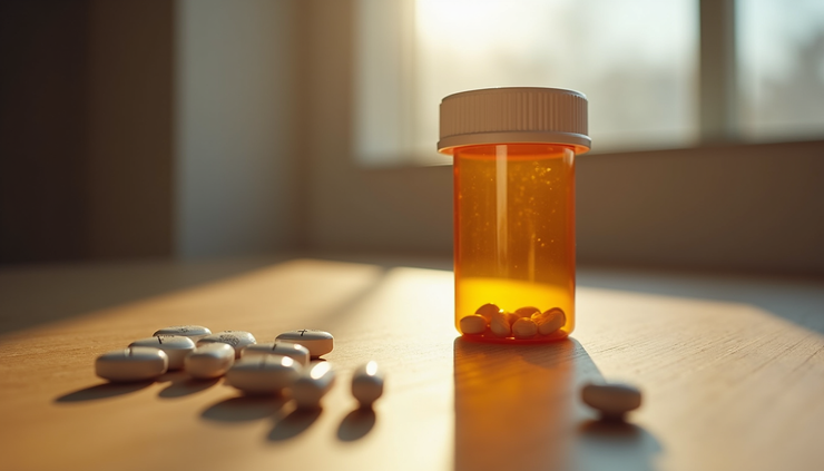 Eye-level view of a pill bottle labeled Adderall XR on a wooden table