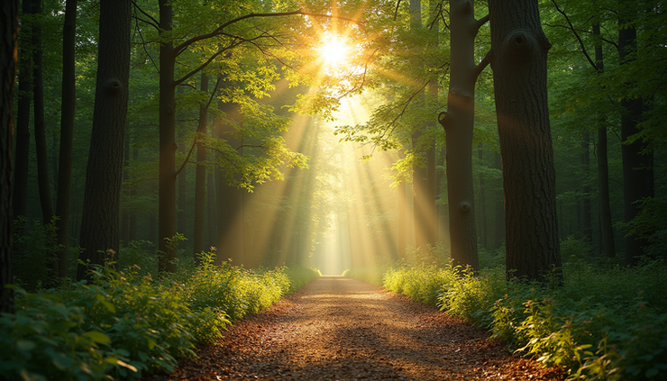 Eye-level view of a serene forest path with soft sunlight filtering through trees