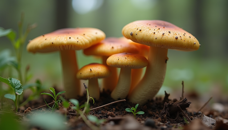 Eye-level view of a cluster of fresh Psilocybe cubensis mushrooms growing on soil