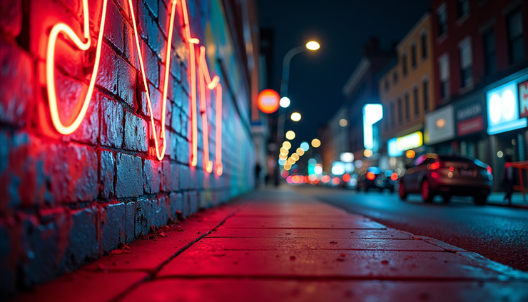 Eye-level view of a colorful street mural in Brooklyn illuminated by neon lights at night