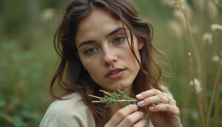 Close-up view of a woman preparing natural plant-based medicines in a serene outdoor setting