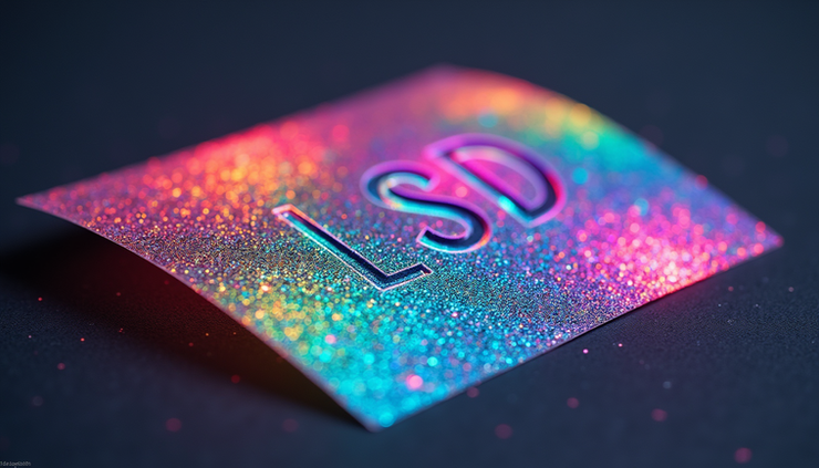Close-up view of colorful blotter paper with LSD tabs on a dark surface