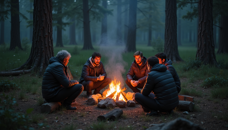 High angle view of a forest clearing with a small group gathered around a campfire
