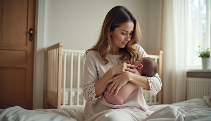 Eye-level view of a mother preparing a breastfeeding session with a baby in a cozy nursery