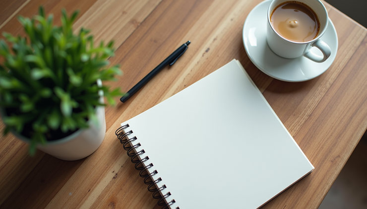 High angle view of a quiet study space with a notebook, coffee cup, and a plant