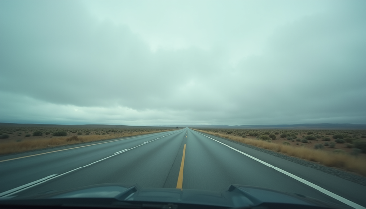 Eye-level view of a highway stretching into the distance under a cloudy sky