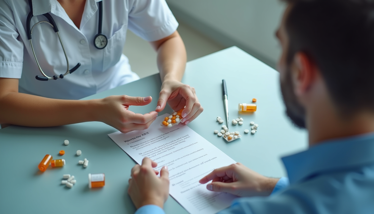 High angle view of a healthcare professional reviewing medication information with a patient