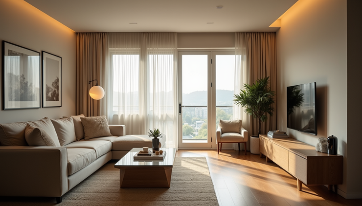 Eye-level view of a calm, cozy living room with soft lighting and comfortable seating