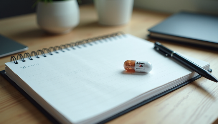 High angle view of a notebook, pen, and Adderall XR medication on a desk