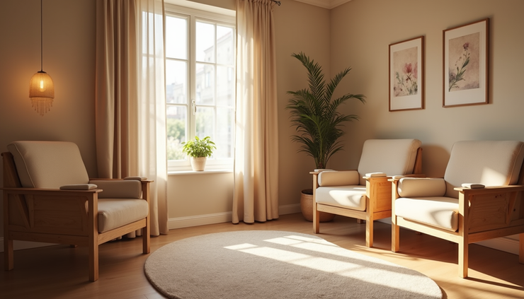 Close-up view of a therapy room with calming decor and comfortable seating