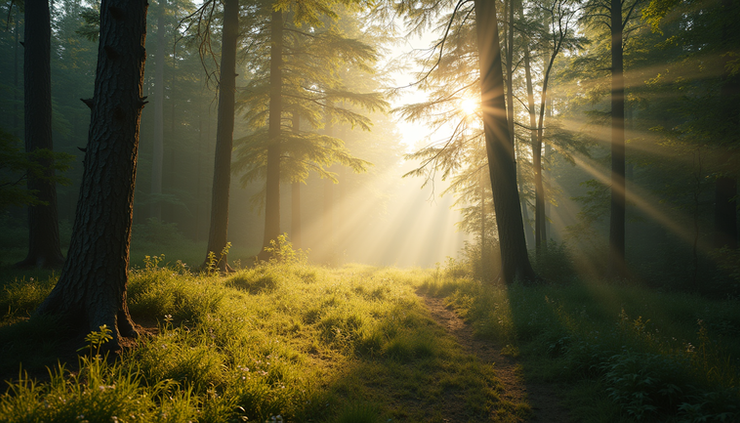 Eye-level view of a calm natural setting with soft sunlight filtering through trees