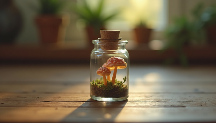 Eye-level view of a small glass vial containing psychedelic mushrooms on a wooden table