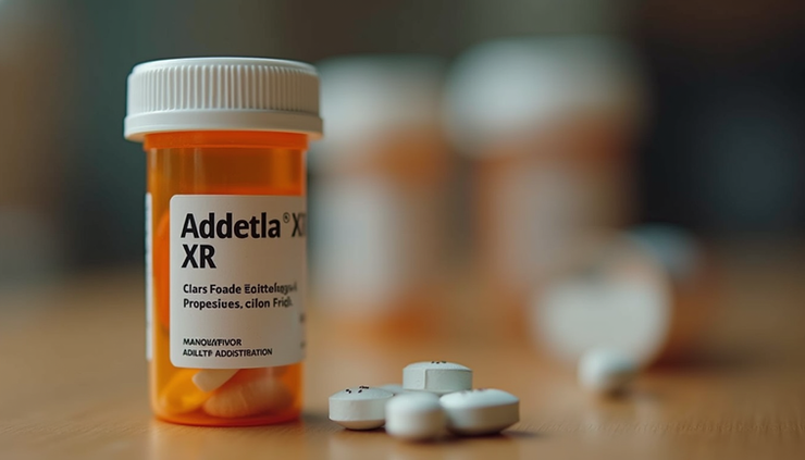Close-up view of prescription medication bottle labeled Adderall XR on a wooden table